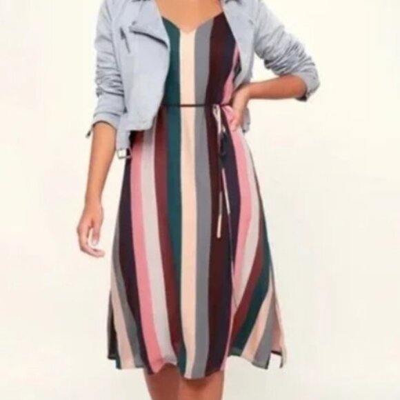 Lulu's Erina Mauve Color block Vertical Stripe Belted Midi Slip Dress - Picture 1 of 3